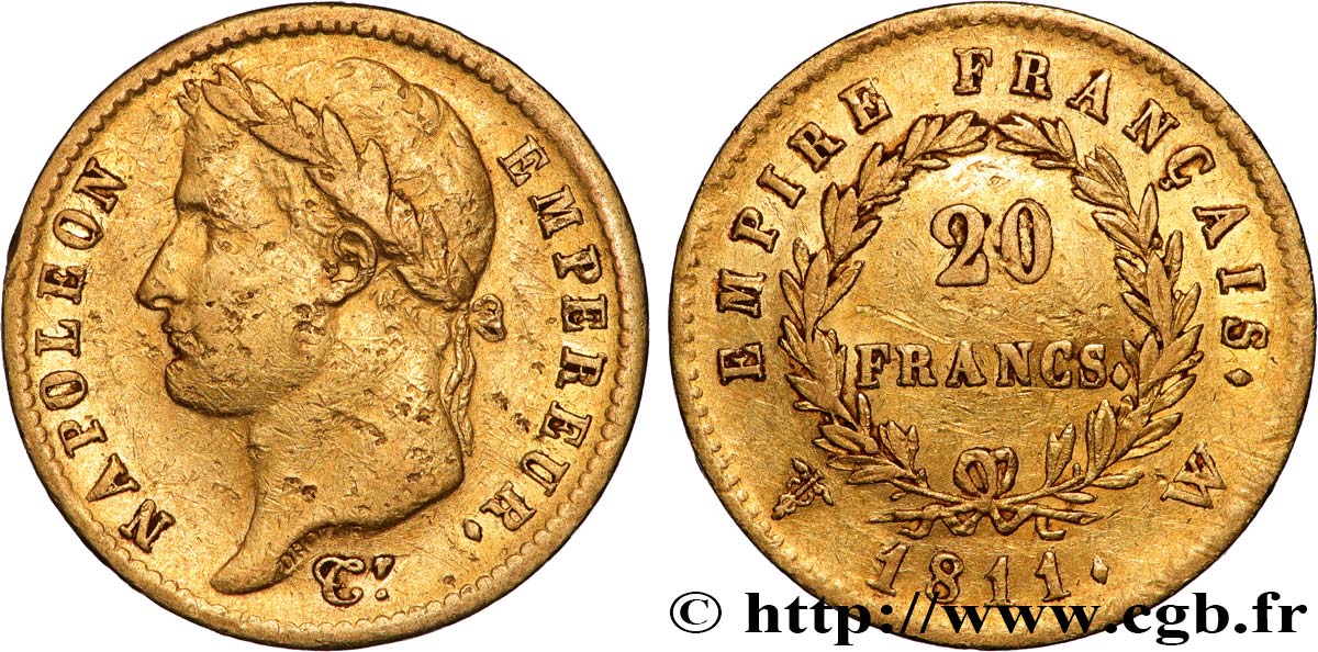 20 francs or Napoléon, tête laurée, Empire français 1811 Lille F.516/21 VF 