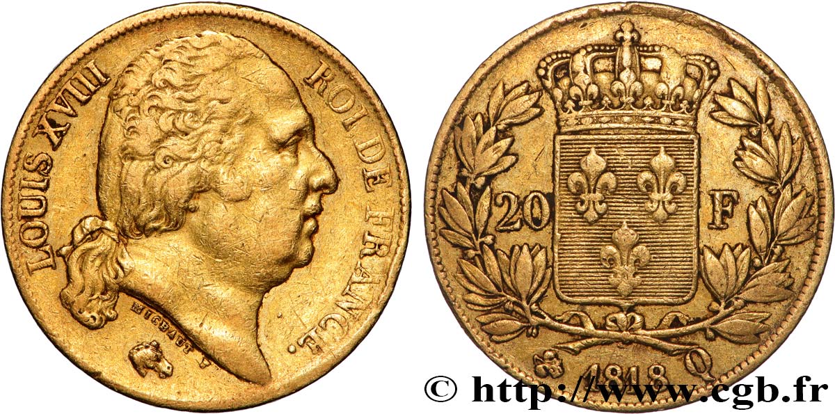 20 francs or Louis XVIII, tête nue 1818 Perpignan F.519/12 XF 