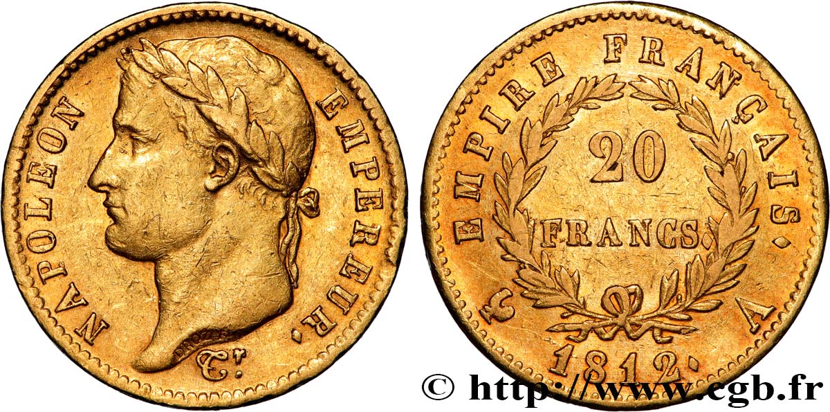 20 francs or Napoléon tête laurée, Empire français 1812 Paris F.516/22 XF 