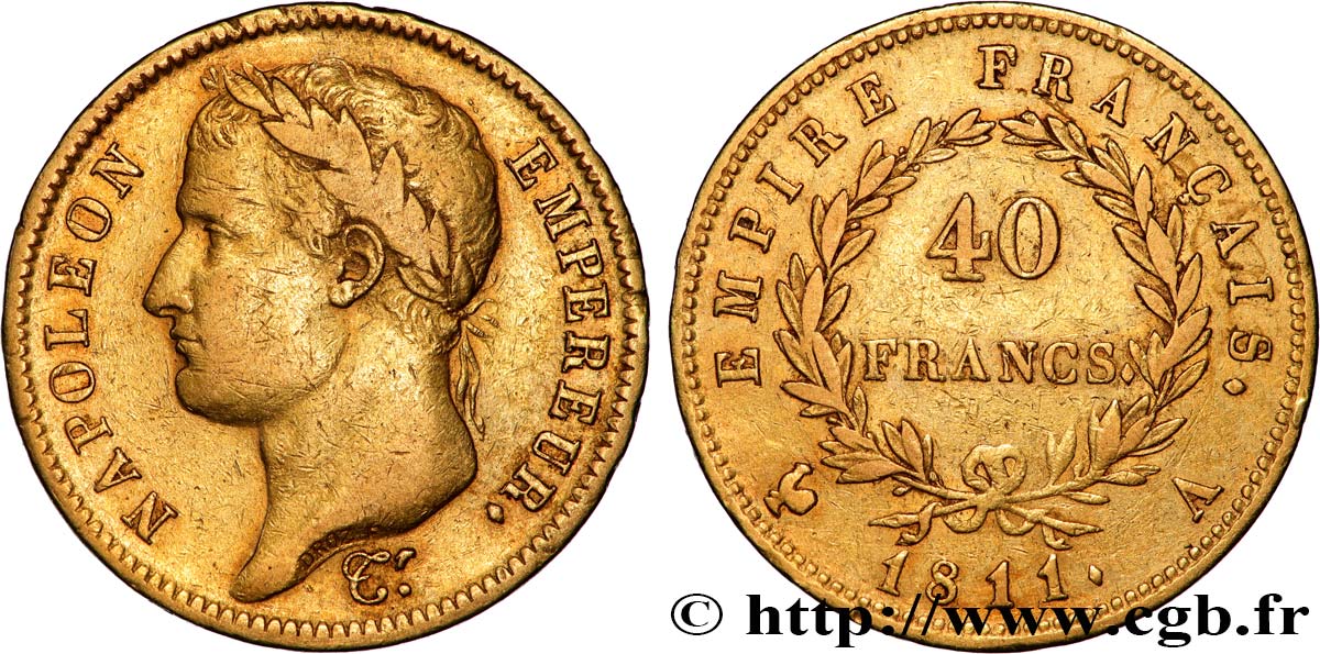 40 francs or Napoléon tête laurée, Empire français, Tranche Fautée 1811 Paris F.541/6 fSS 