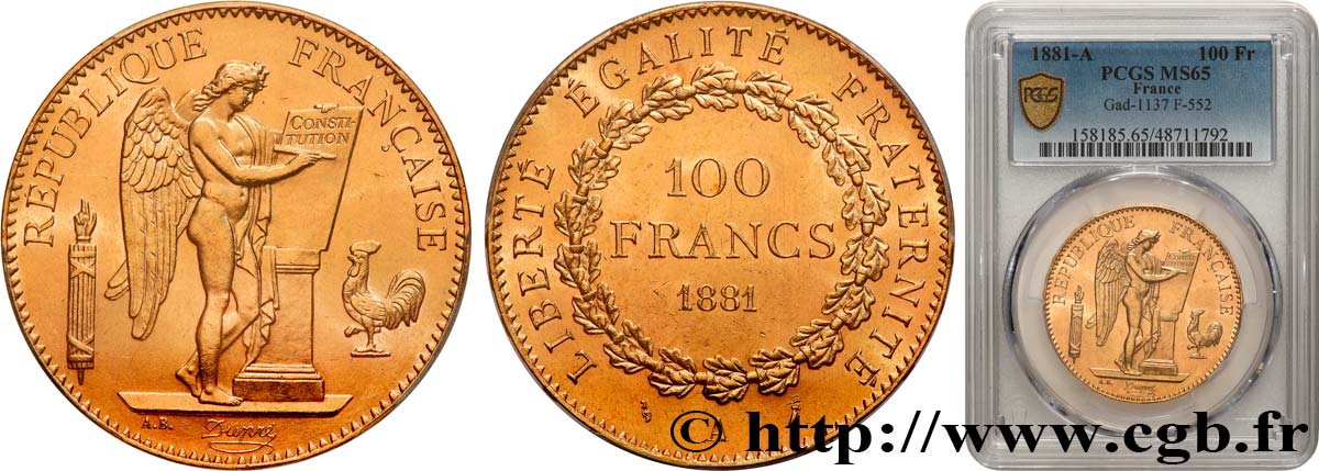 100 francs or Génie, tranche inscrite en relief Dieu protège la France 1881 Paris F.552/4 MS65 PCGS