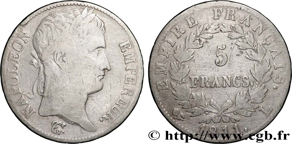 5 francs Napoléon Empereur, Empire français 1811 Bayonne F.307/34 TB 