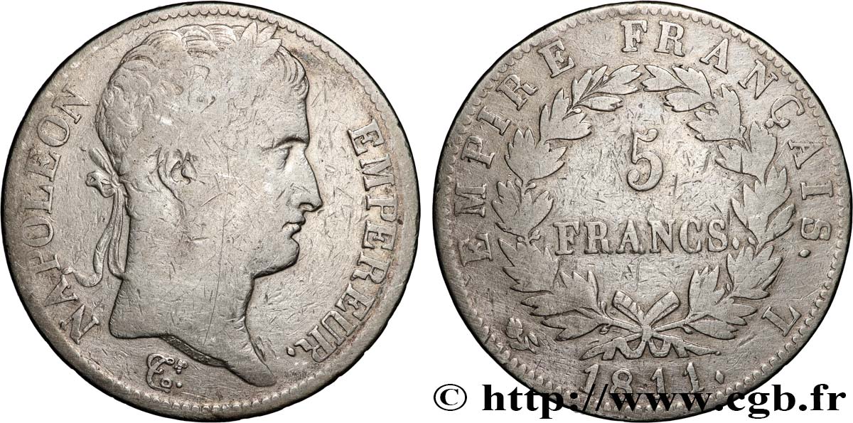 5 francs Napoléon Empereur, Empire français 1811 Bayonne F.307/34 TB 