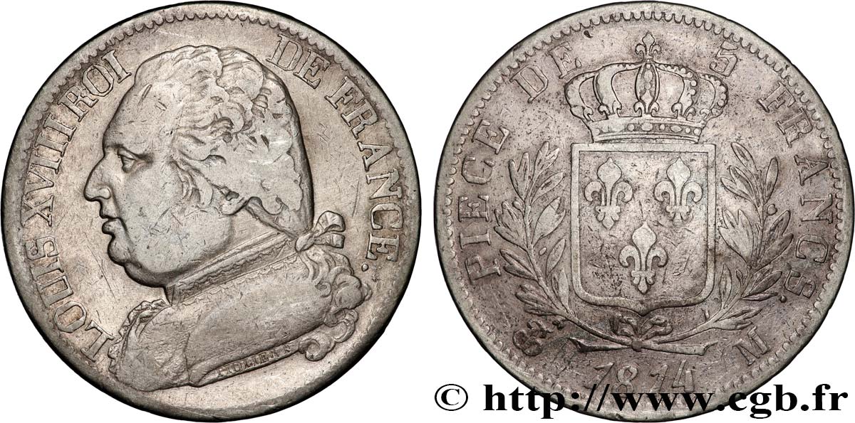5 francs Louis XVIII, buste habillé 1814 Toulouse F.308/9 TB 