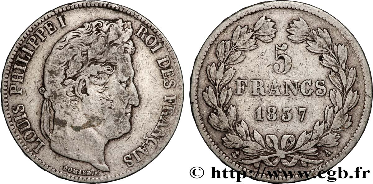5 francs IIe type Domard 1837 Paris F.324/61 TB 