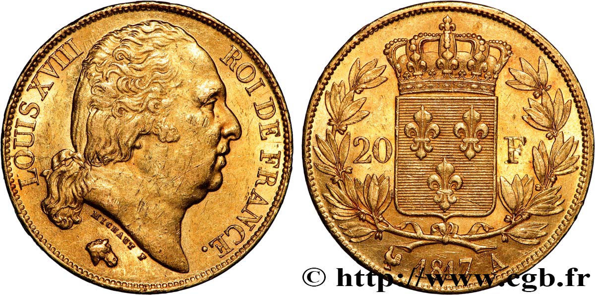 20 francs or Louis XVIII, tête nue 1817 Paris F.519/5 AU55 