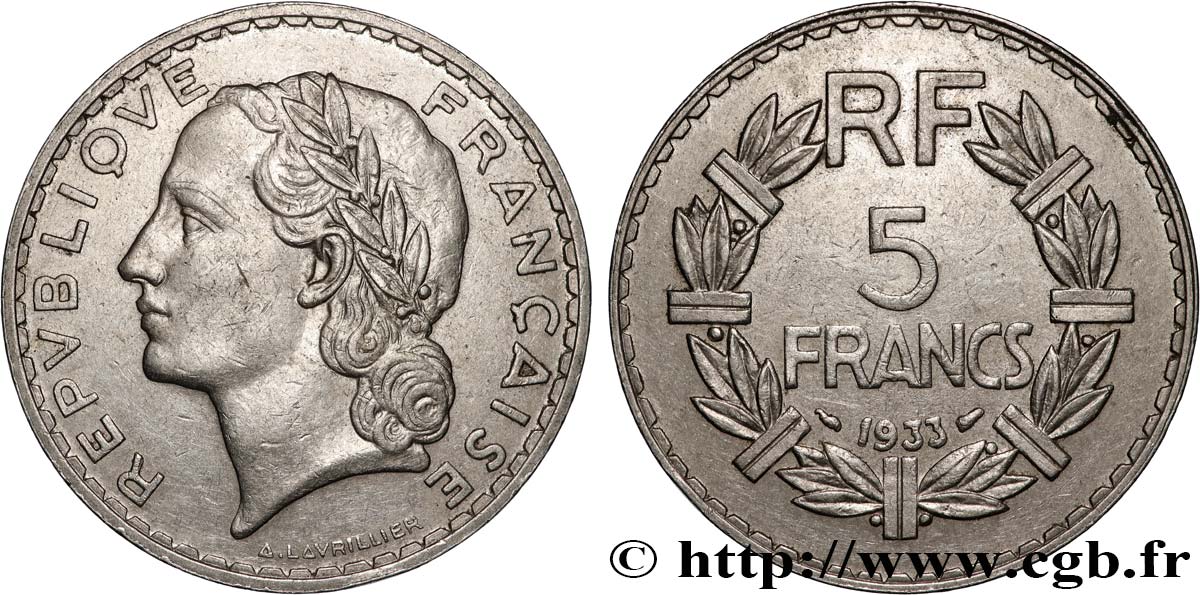 5 francs Lavrillier, nickel 1933  F.336/2 TTB 