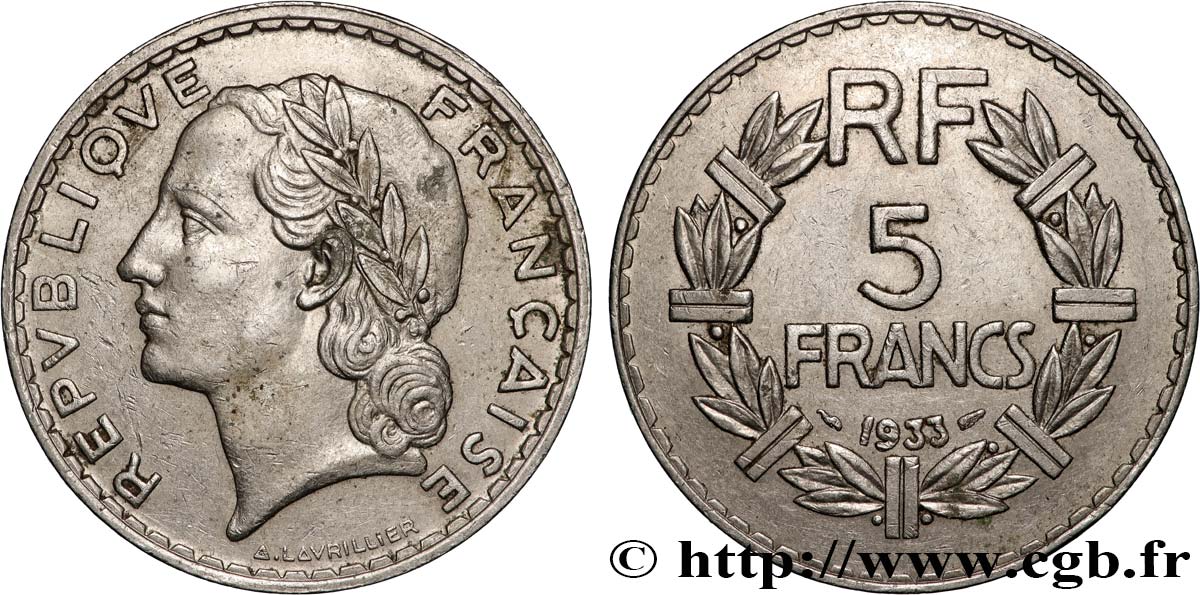 5 francs Lavrillier, nickel 1933  F.336/2 XF 