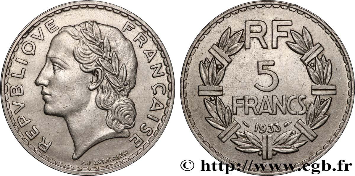 5 francs Lavrillier, nickel 1933  F.336/2 SUP 