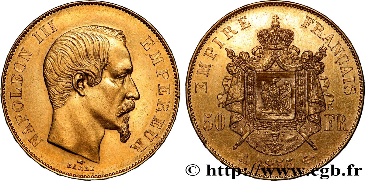 50 francs or Napoléon III, tête nue 1855 Paris F.547/1 AU 