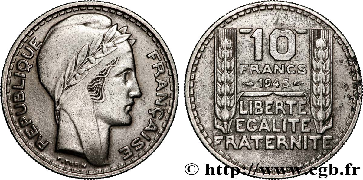 10 francs Turin, grosse tête, rameaux longs 1945  F.361/2 MBC 