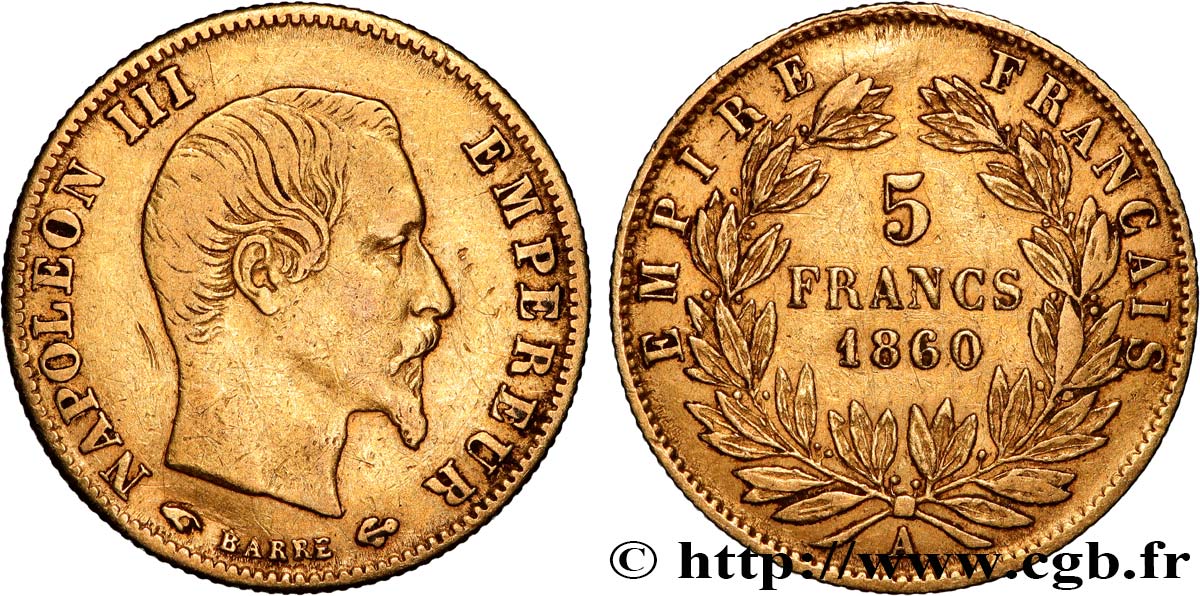 5 francs or Napoléon III, tête nue, grand module 1860 Paris F.501/10 TB+ 