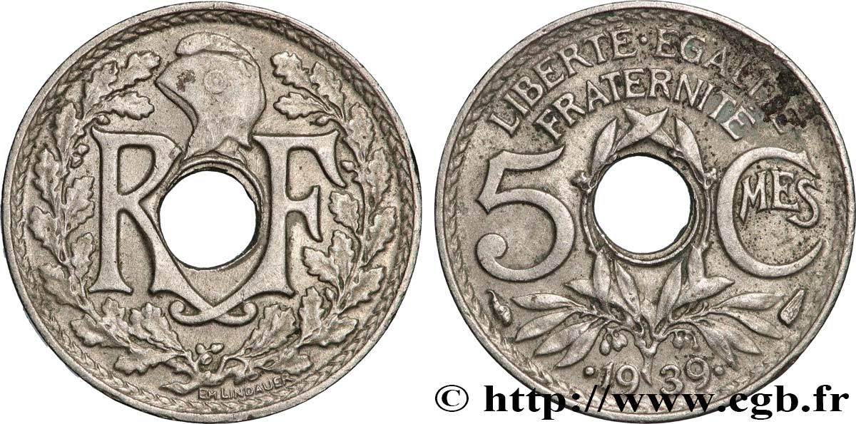 5 centimes Lindauer, maillechort 1939 Paris F.123A/3 EBC 