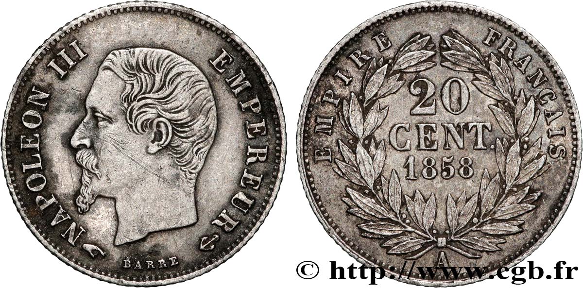 20 centimes Napoléon III, tête nue, Grands Différents 1858 Paris F.148/11 XF 
