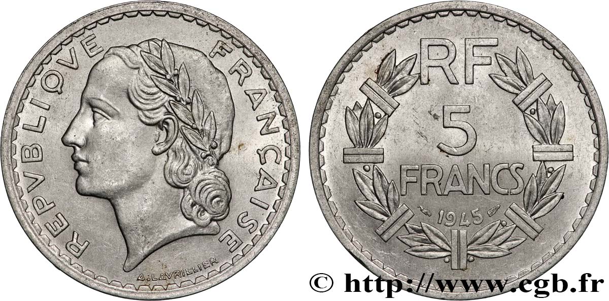 5 francs Lavrillier, aluminium, 9 ouvert 1945  F.339/3 AU 