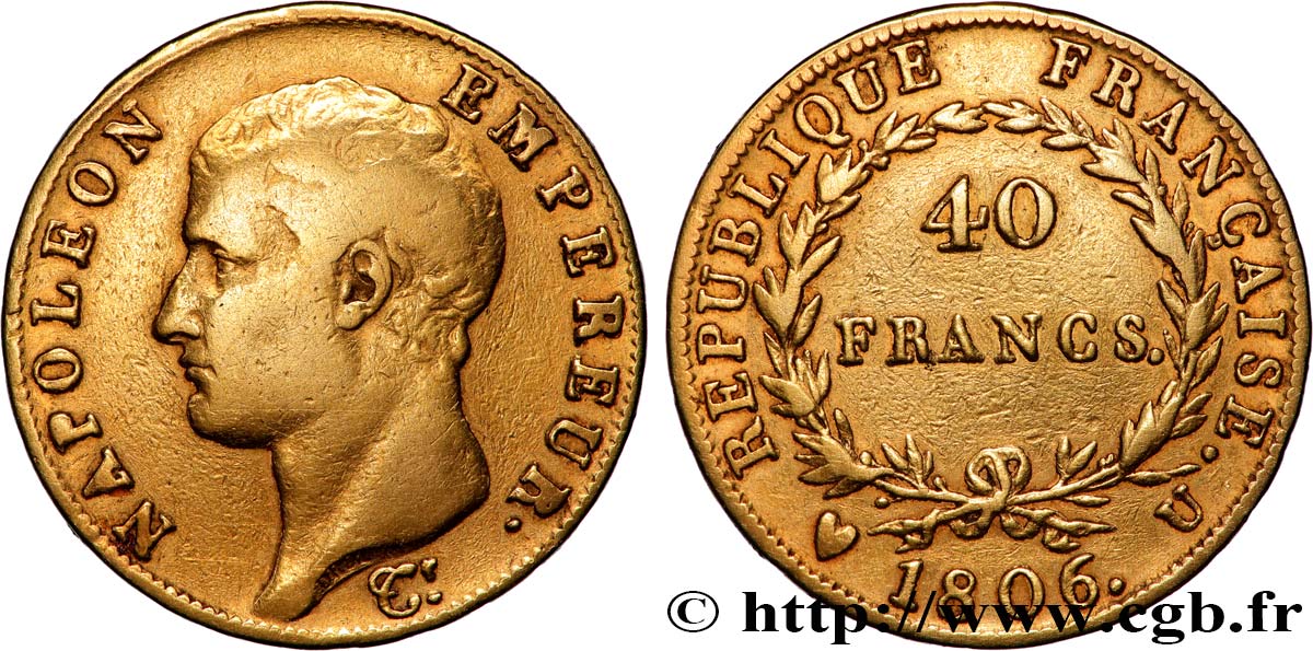 40 francs or Napoléon tête nue, Calendrier grégorien 1806 Turin F