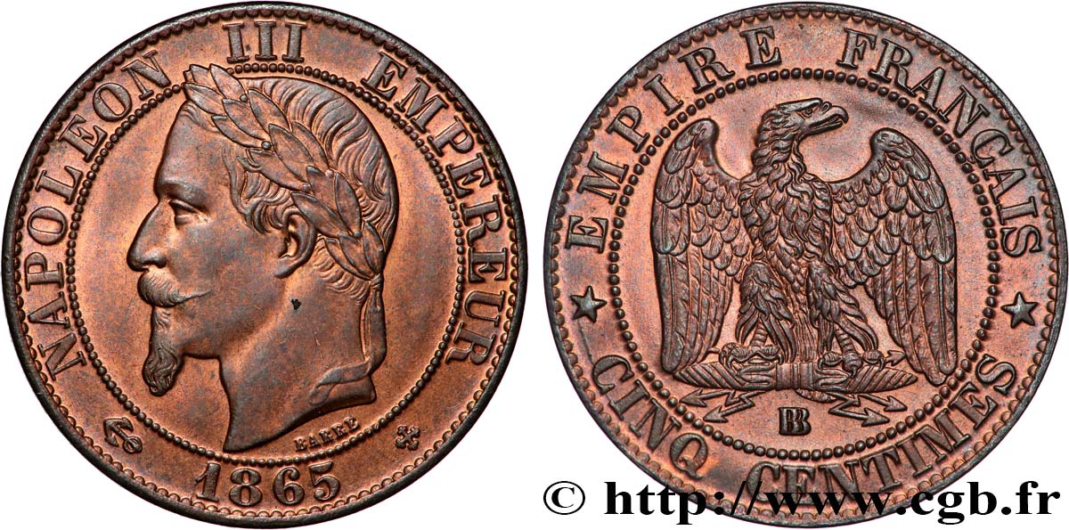 Cinq centimes Napoléon III, tête laurée 1865 Strasbourg F.117/17 SUP+ 
