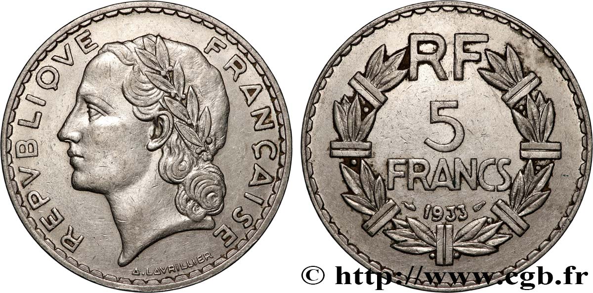 5 francs Lavrillier, nickel 1933  F.336/2 XF 