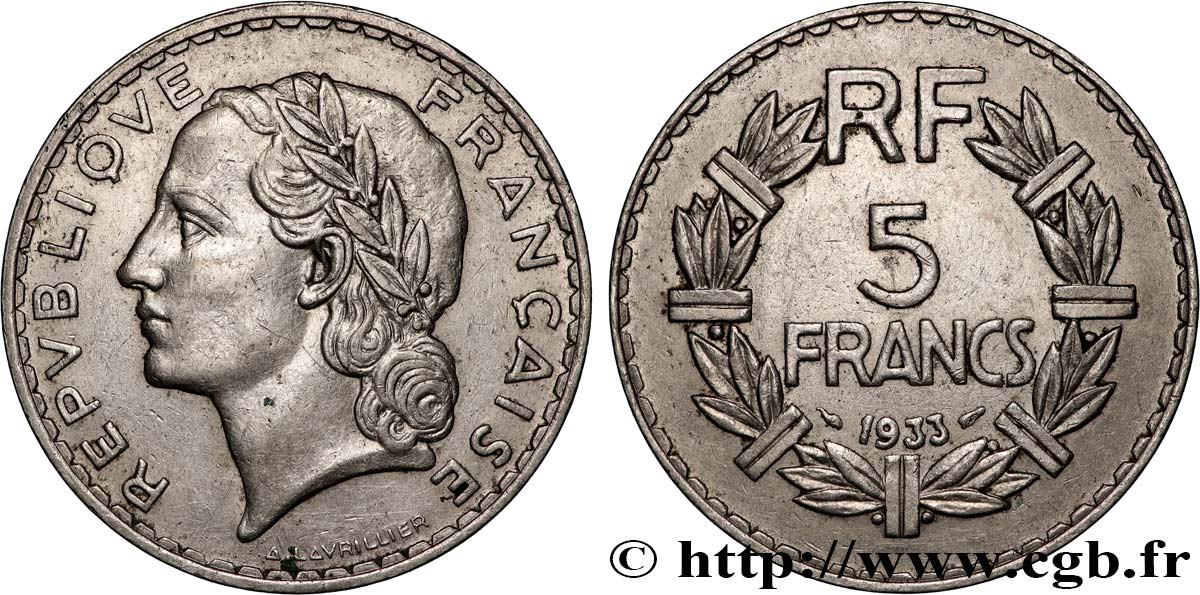 5 francs Lavrillier, nickel 1933  F.336/2 MBC 