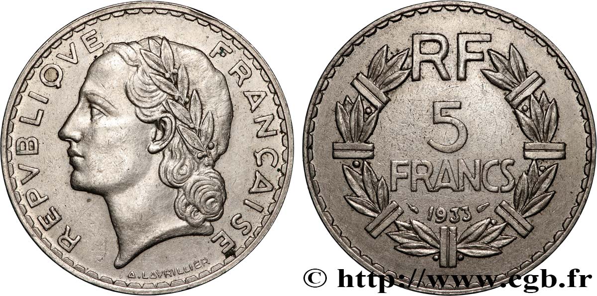 5 francs Lavrillier, nickel 1933  F.336/2 XF 