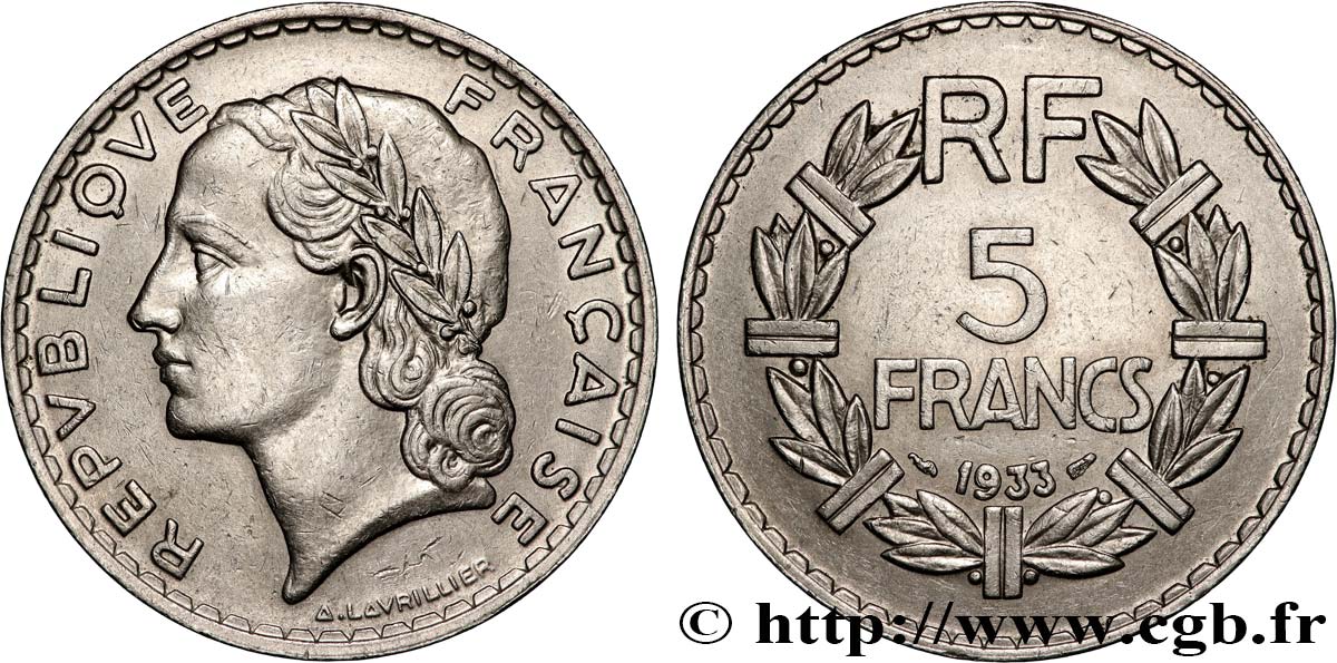 5 francs Lavrillier, nickel 1933  F.336/2 BB 