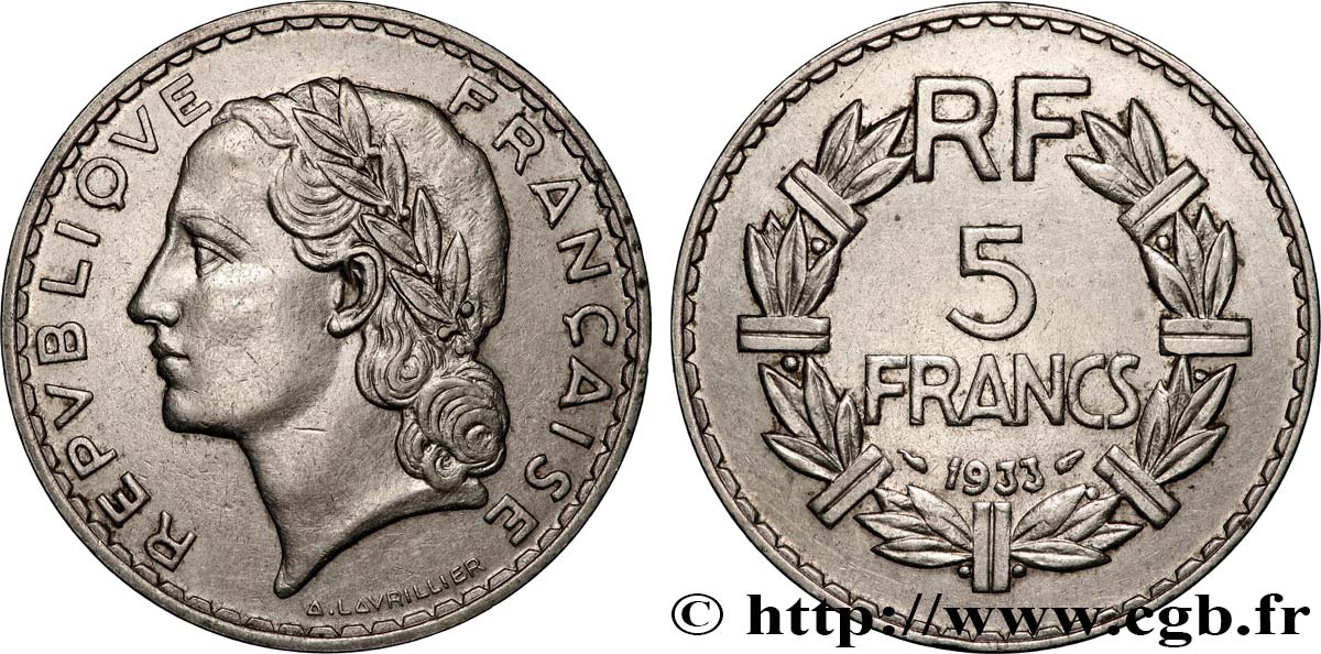 5 francs Lavrillier, nickel 1933  F.336/2 XF 