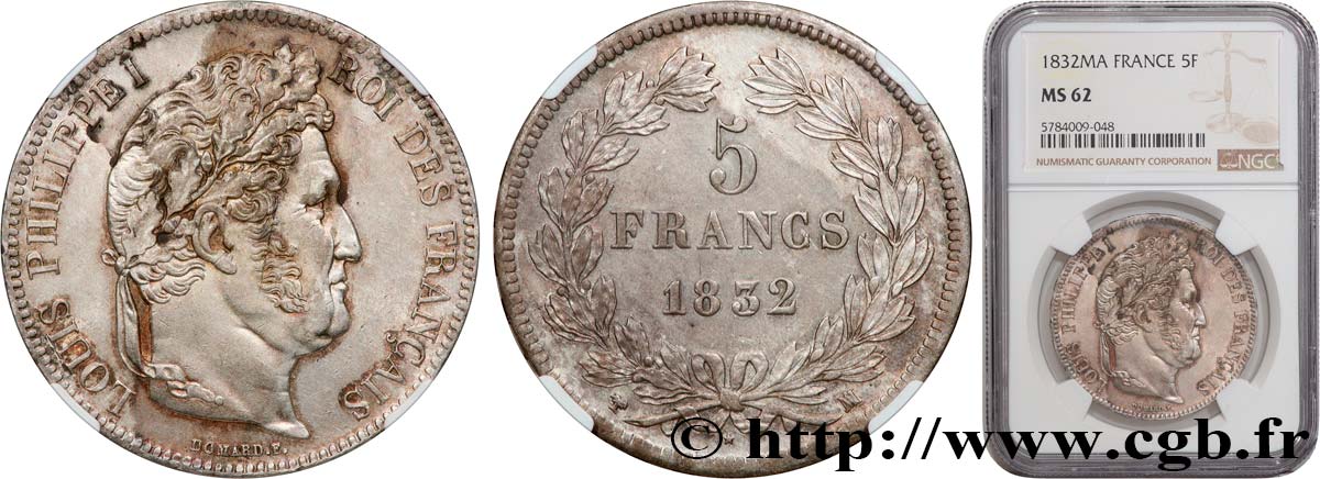 5 francs IIe type Domard 1832 Marseille F.324/10 SPL62 NGC