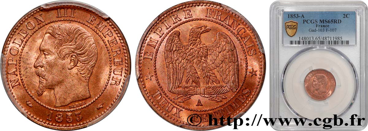 Deux centimes Napoléon III, tête nue 1853 Paris F.107/1 MS65 PCGS