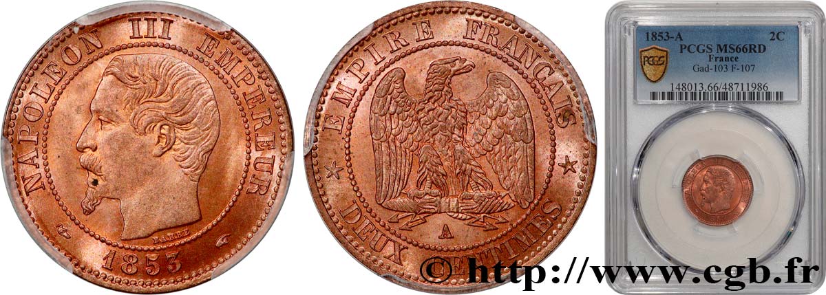 Deux centimes Napoléon III, tête nue 1853 Paris F.107/1 ST66 PCGS