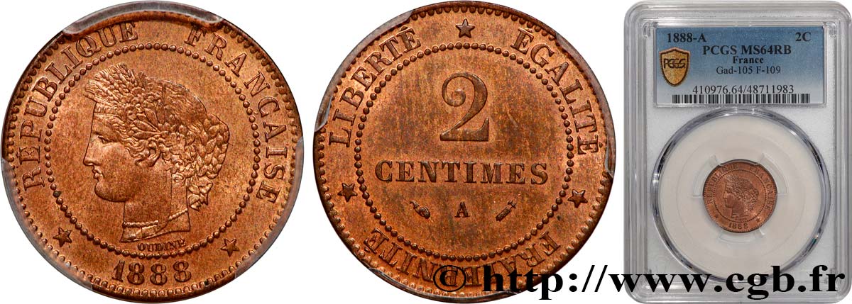 2 centimes Cérès 1888 Paris F.109/14 fST64 PCGS