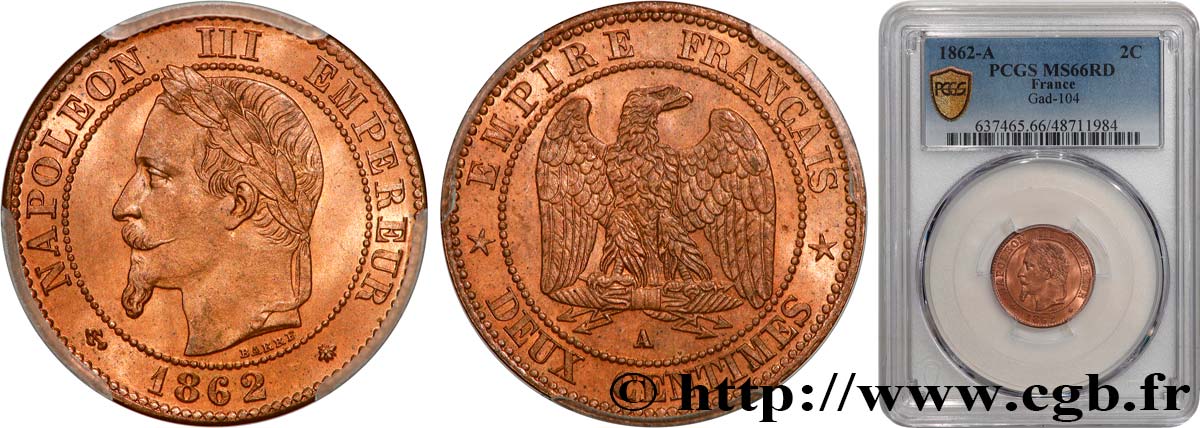 Deux centimes Napoléon III, tête laurée, buste définitif 1862 Paris F.108A/4 ST66 PCGS