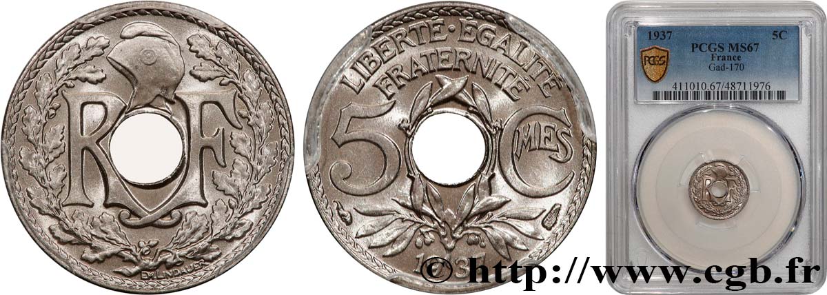 5 centimes Lindauer, petit module 1937 Paris F.122/20 ST67 PCGS