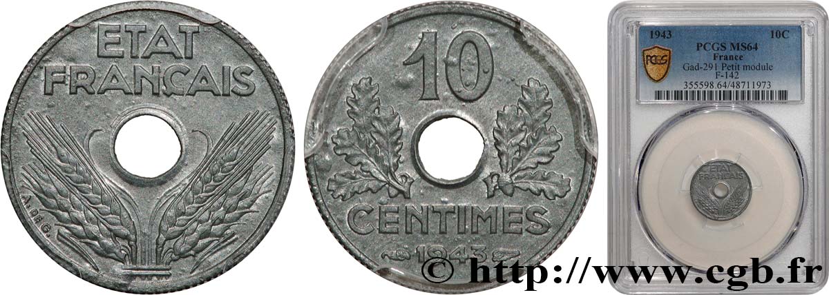 10 centimes État français, petit module 1943  F.142/2 fST64 PCGS