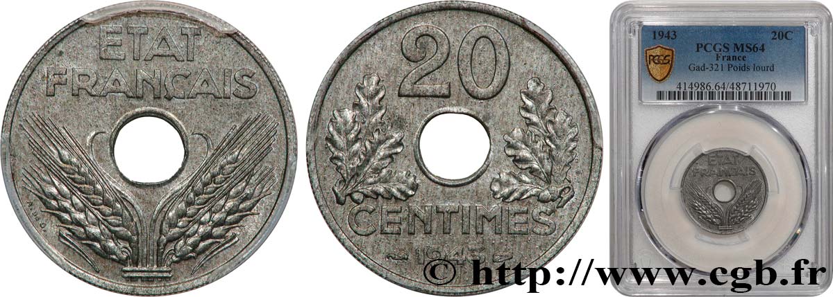 20 centimes État français, lourde 1943  F.153/5 MS64 PCGS