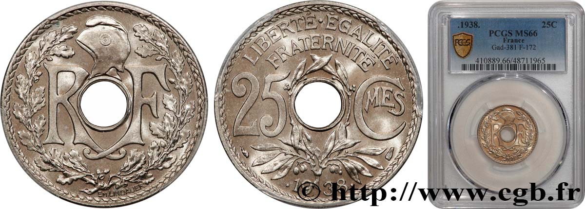 25 centimes Lindauer, maillechort 1938  F.172/2 MS66 PCGS