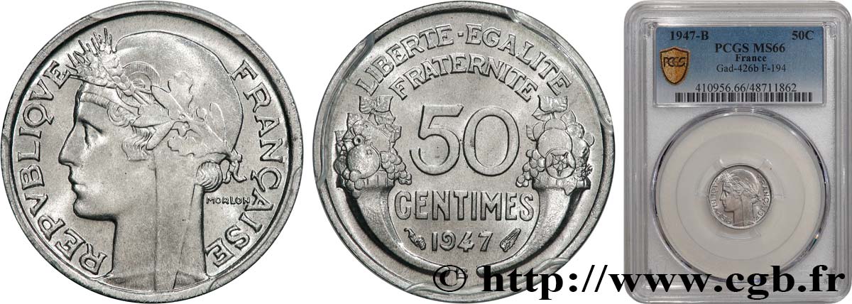 50 centimes Morlon, légère 1947 Beaumont-le-Roger F.194/11 MS66 PCGS