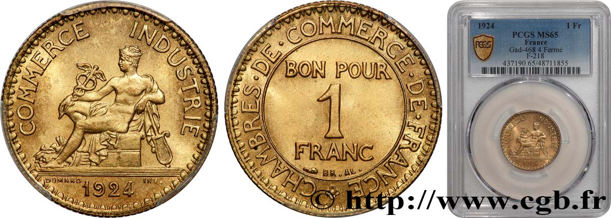 1 franc Chambres de Commerce 1924 Paris F.218/6 FDC65 PCGS