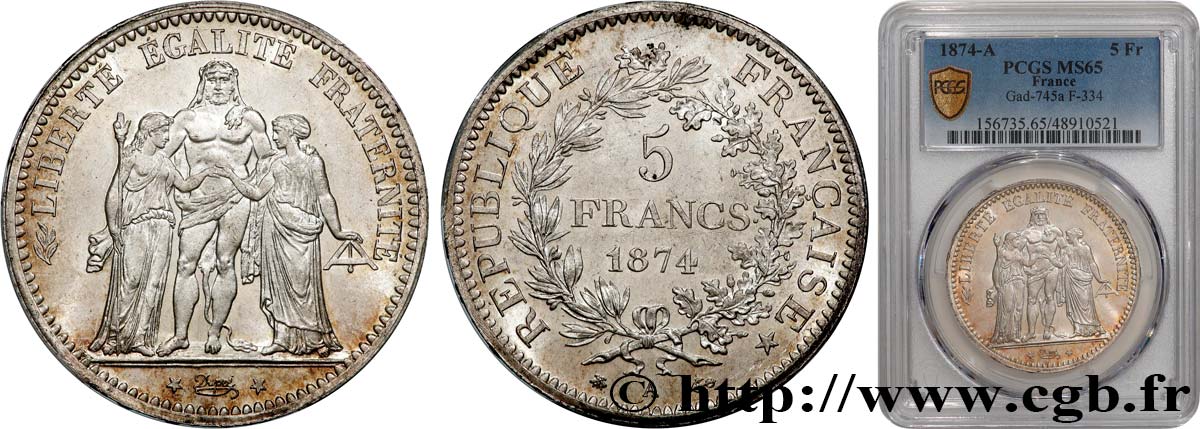 5 francs Hercule 1874 Paris F.334/12 FDC65 PCGS