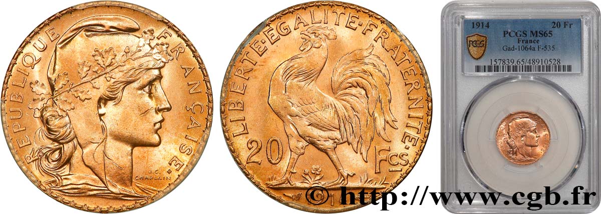 20 francs or Coq, Liberté Égalité Fraternité 1914 Paris F.535/8 MS65 PCGS