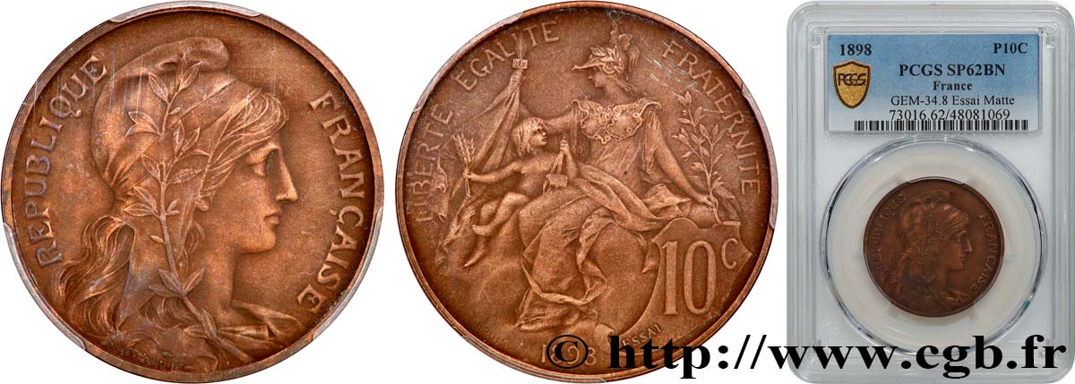 Essai de 10 centimes Daniel-Dupuis en bronze, flan mat 1898 Paris F.136/3 SUP62 PCGS