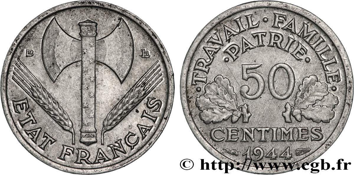 50 centimes Francisque, légère 1944 Beaumont-Le-Roger F.196/5 TTB 