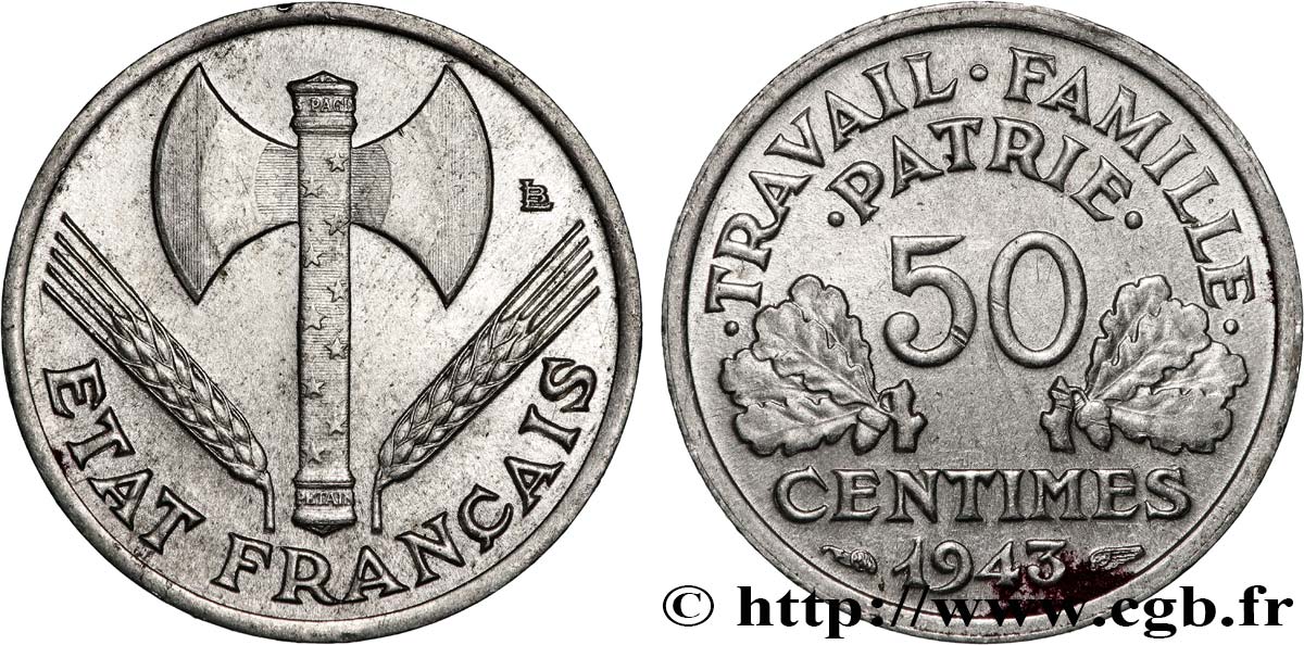 50 centimes Francisque, légère 1943  F.196/2 SUP 