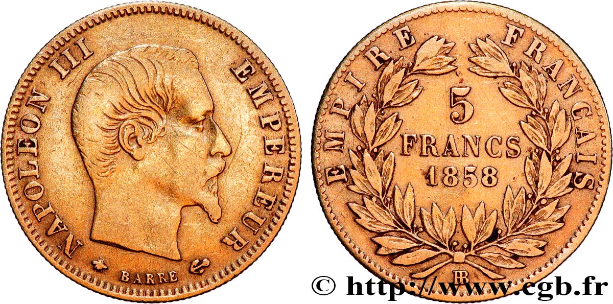 5 francs or Napoléon III, tête nue, grand module 1858 Strasbourg F.501/6 TB 