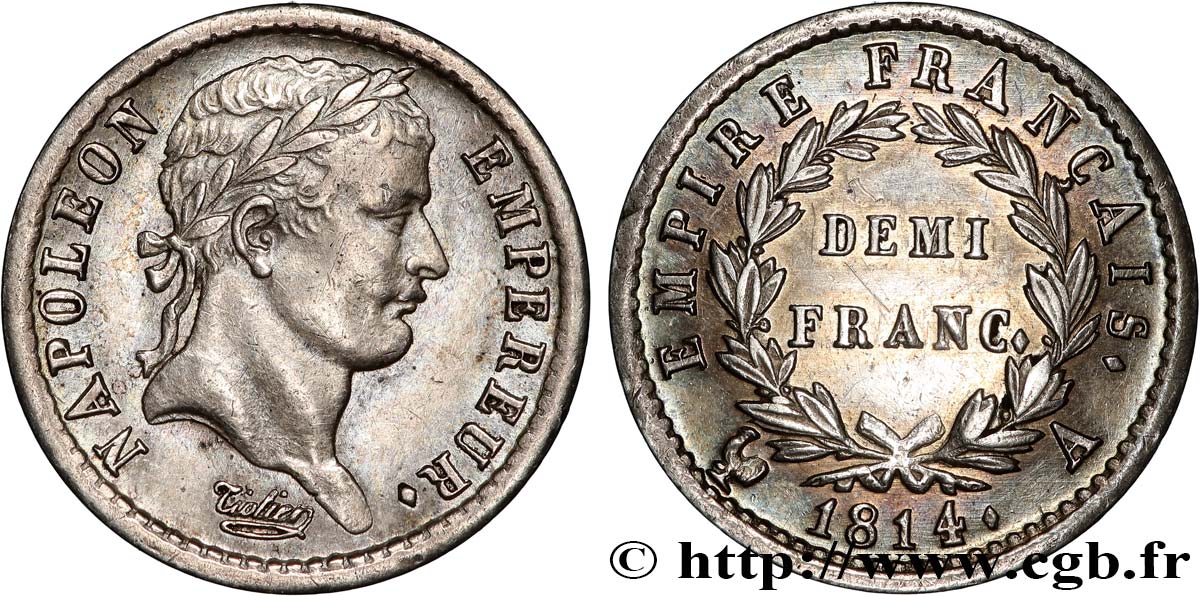 Demi-franc Napoléon Ier tête laurée, Empire français 1814 Paris F.178/63 XF 