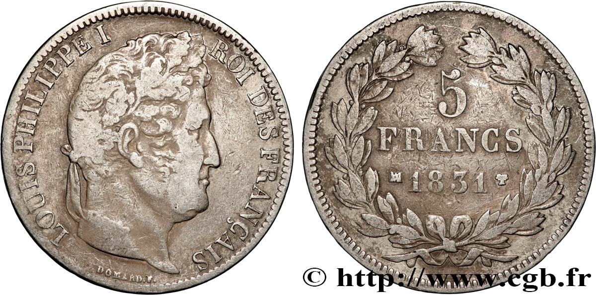 5 francs Ier type Domard, tranche en creux 1831 Marseille F.319/6 S 