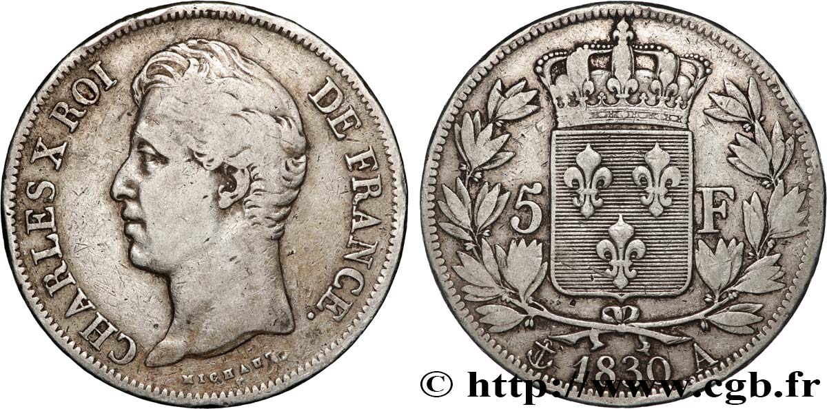 5 francs Charles X 2e type, tranche en relief 1830 Paris F.312/1 TB 