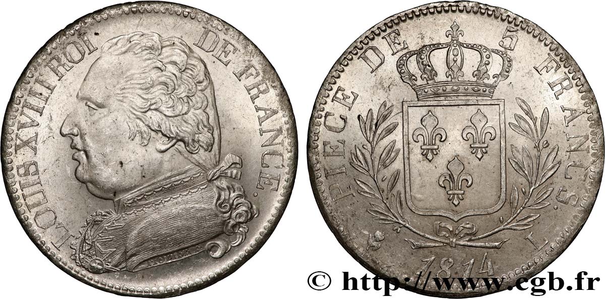 5 francs Louis XVIII, buste habillé 1814 Bayonne F.308/8 VZ60 