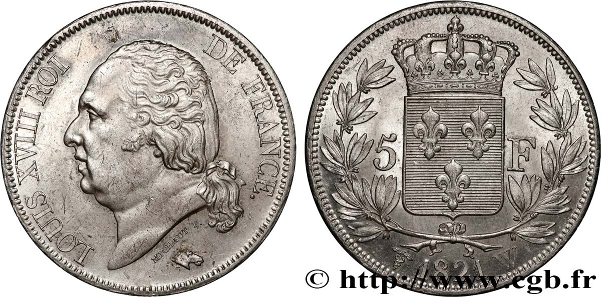 5 francs Louis XVIII, tête nue 1821 Lille F.309/67 VZ/VZ+ 