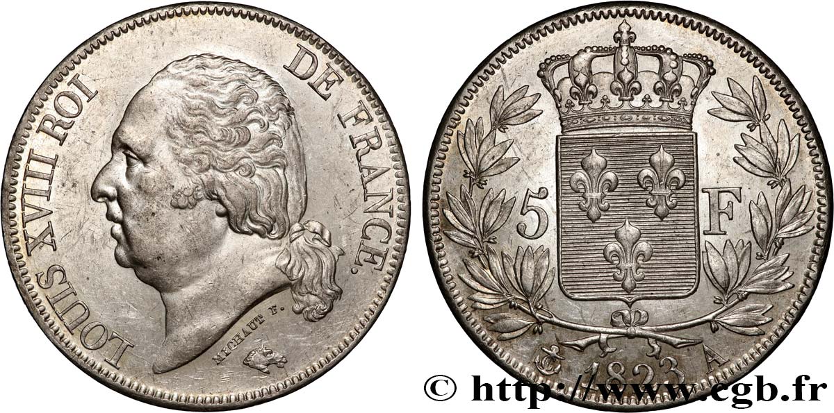 5 francs Louis XVIII, tête nue 1823 Paris F.309/76 SUP 