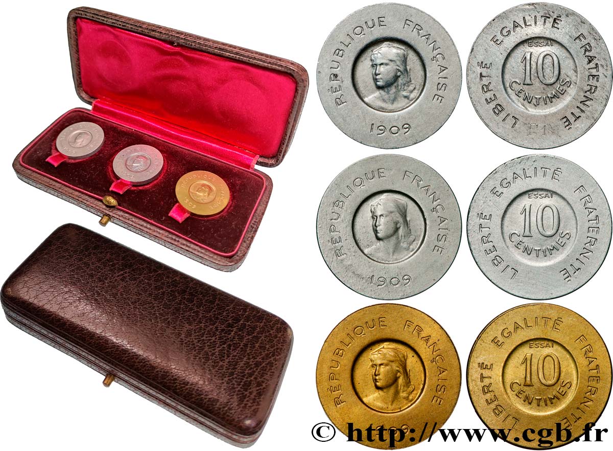Coffret de trois Essais de 10 centimes Rude en aluminium (2) et en bronze-aluminium (1) 1909 Paris GEM.35 5 EBC/SC 
